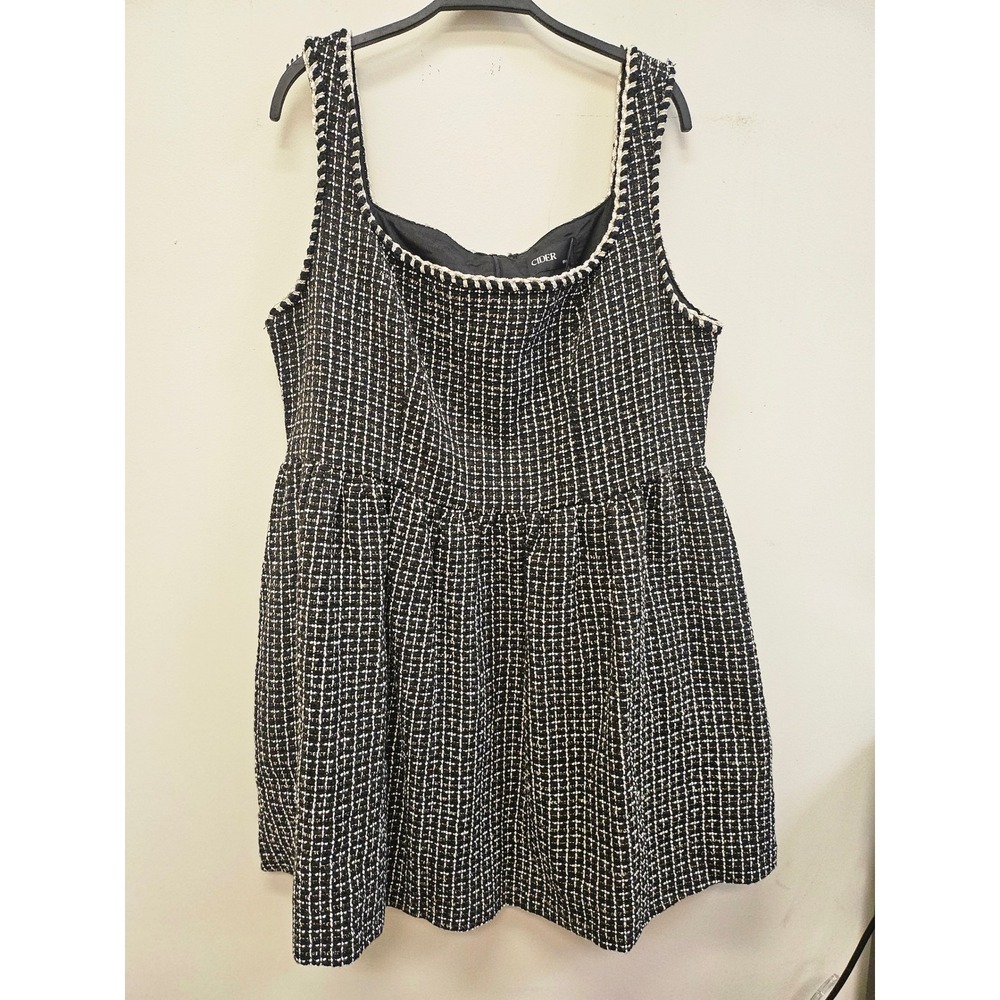 Cider Tweed Mini Dress Black White Gold Metallic Plaid Babydoll 1XL NWT